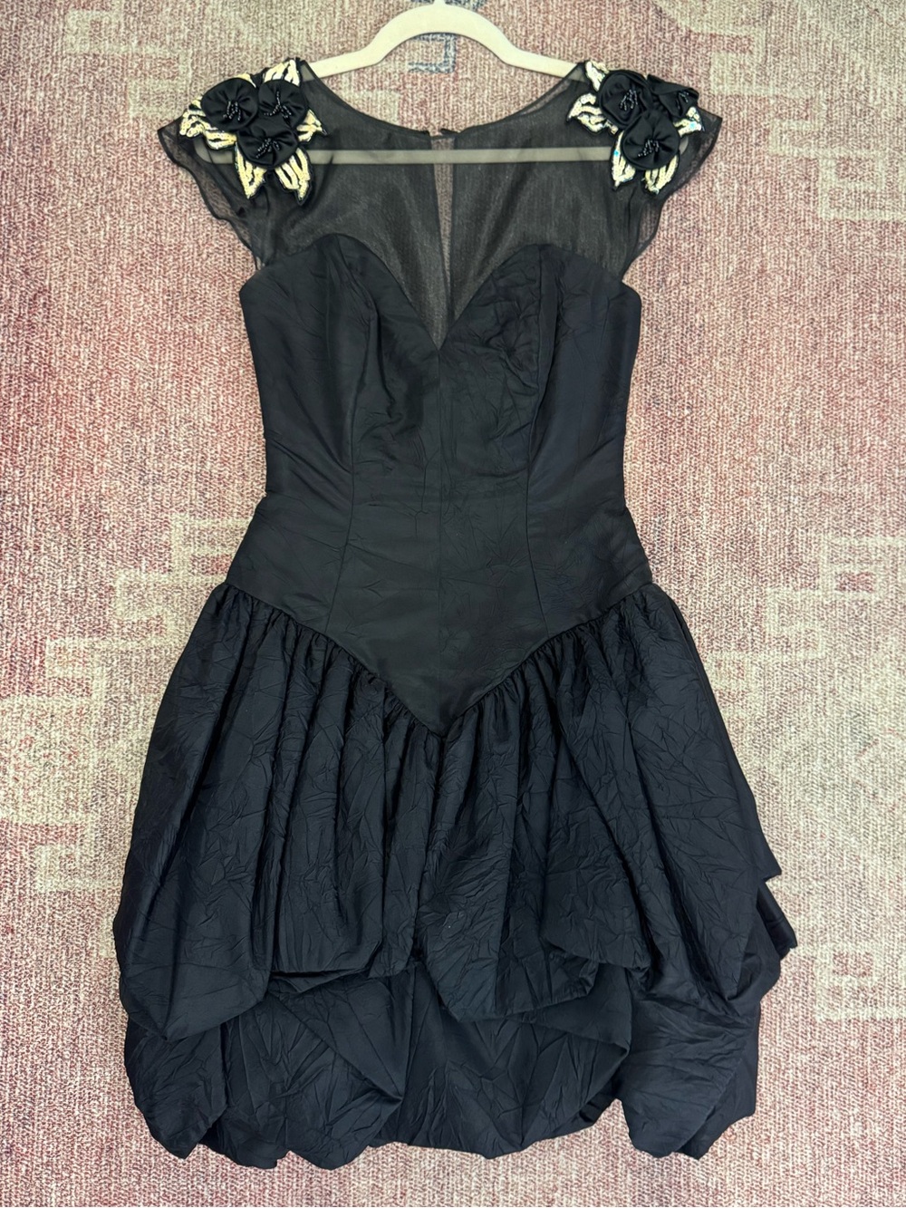 True Vintage 1980’s cocktail dress beaded sheer bodice fit & flare tiered LBD 0